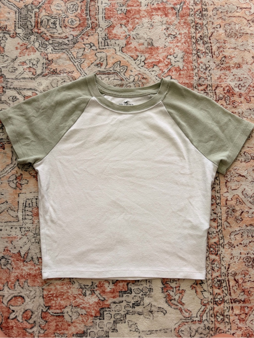 Hollister White Tee with Sage Green Raglan Sleeves Baseball Style Baby Tee